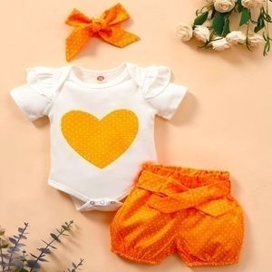 Seyurigaoka Girl’s Heart Printed 3Pcs Romper Set, Short Sleeve nwt